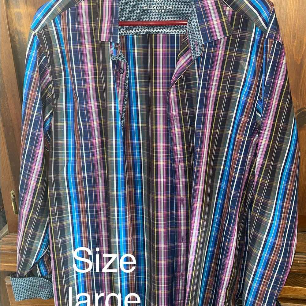 Bugatchi Multicolor Plaid Button-Down Shirt with Blue & Purple Stripes. Pet home